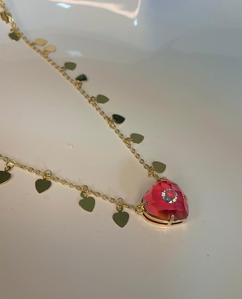 Miniatura: Colar Feminino Coração Color Cravejado Banhado a ouro Estilo