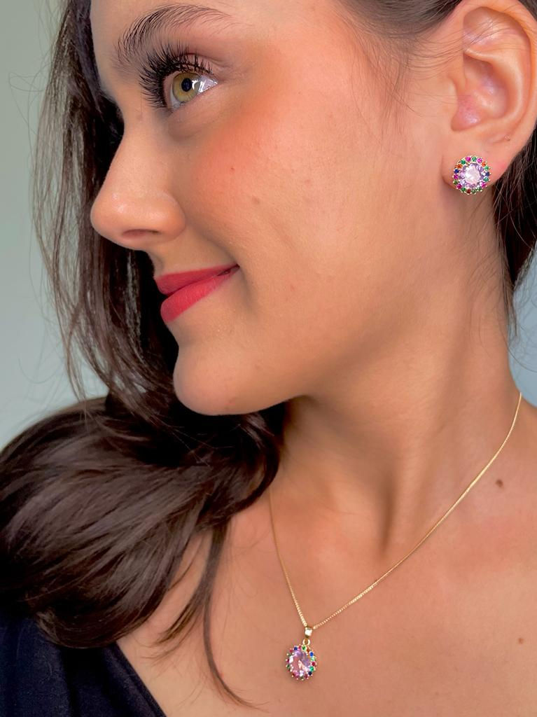 Miniatura: Conjunto Brinco e Colar Cravejado Zircônia Color