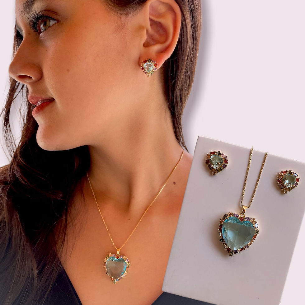 Miniatura: Conjunto Feminino Brinco Colar Cravejado Zircônia Coração
