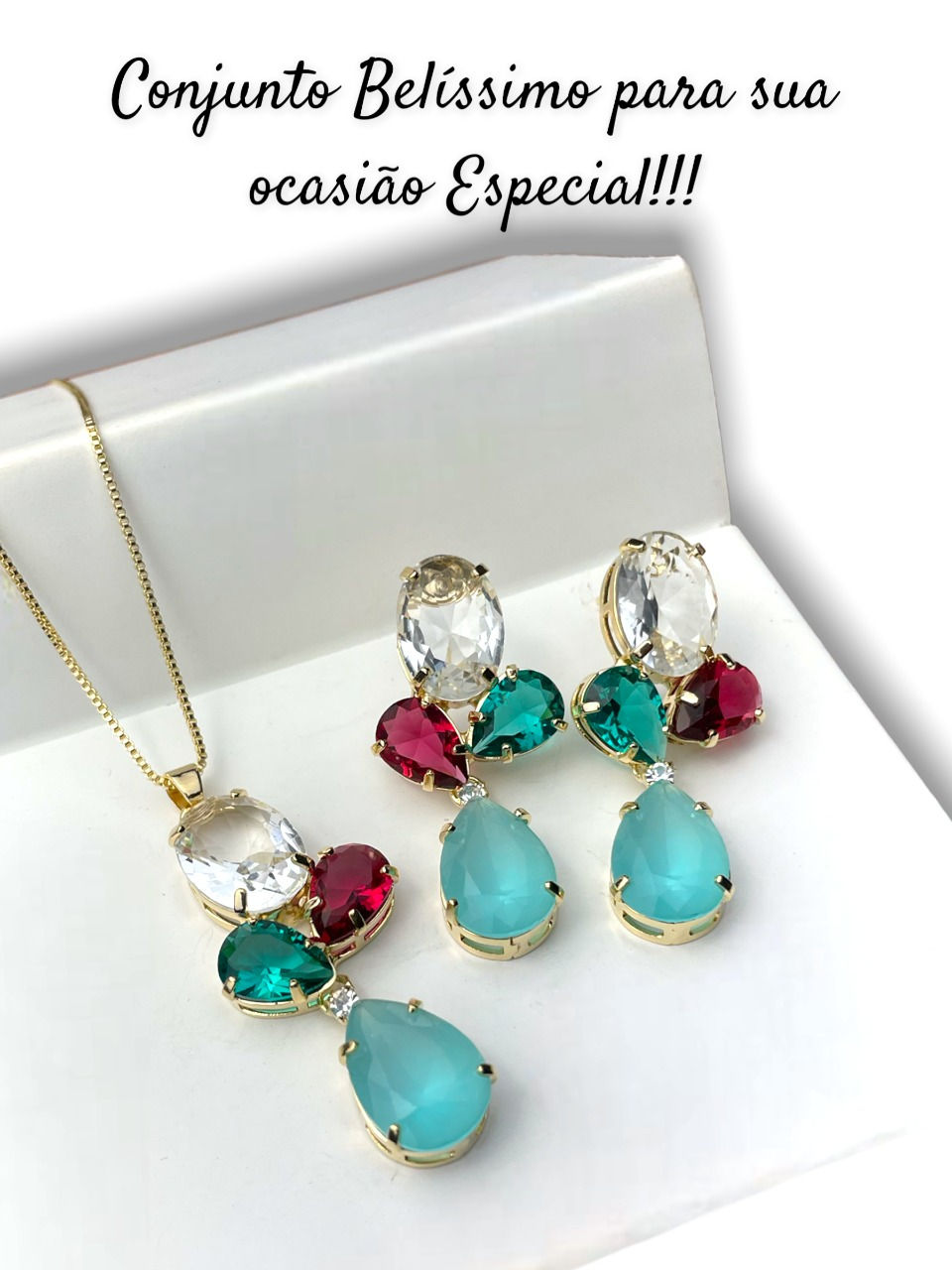 Miniatura: Conjunto Brinco Colar Cravejada Rainbow Festa Casamento Luxo