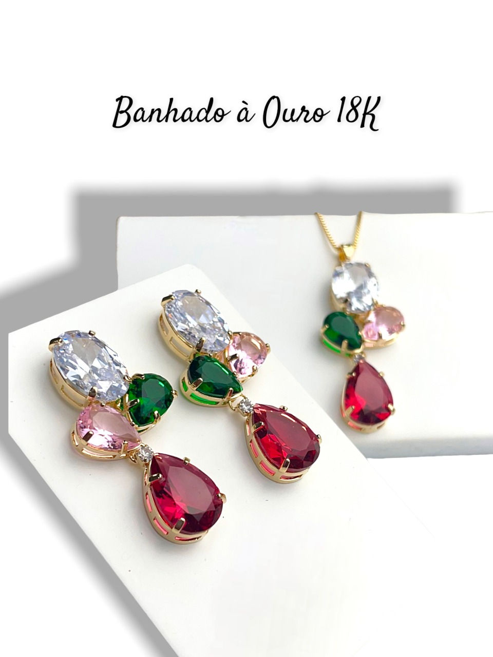 Miniatura: Conjunto Brinco Colar Cravejada Rainbow Festa Casamento Luxo