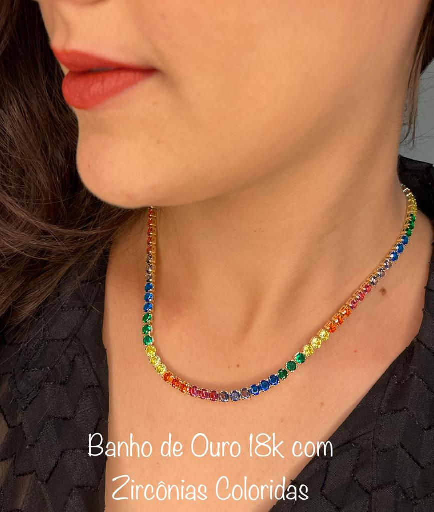 Miniatura: Choker Colorida Riveira Banhado Rodio Branco E Ouro 18k