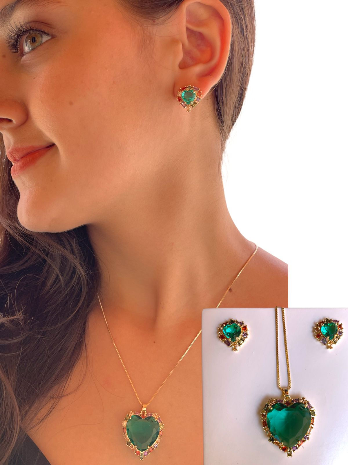 Conjunto Feminino Brinco Colar Cravejado Zircônia Coração