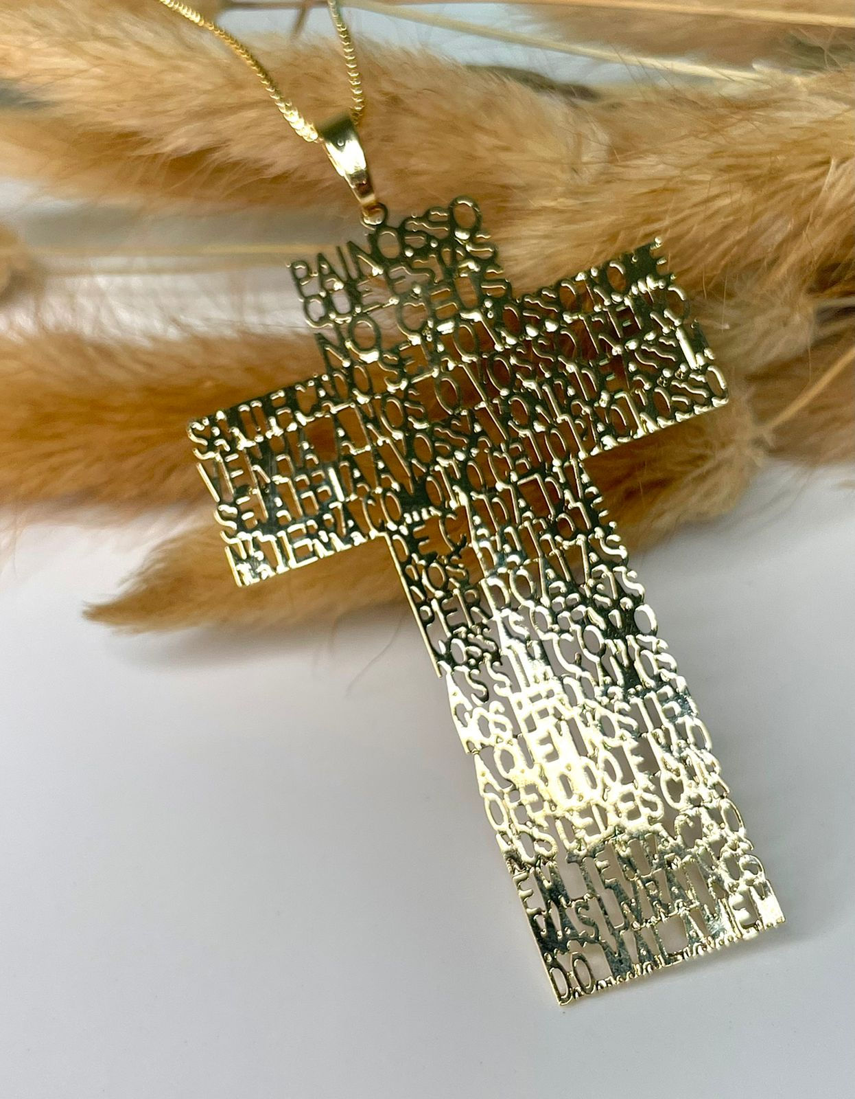 Colar Cruz Pai Nosso Folheado a Ouro 18k Semi Joia