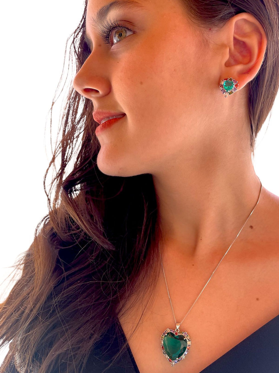 Miniatura: Conjunto Feminino Brinco Colar Cravejado Zircônia Coração