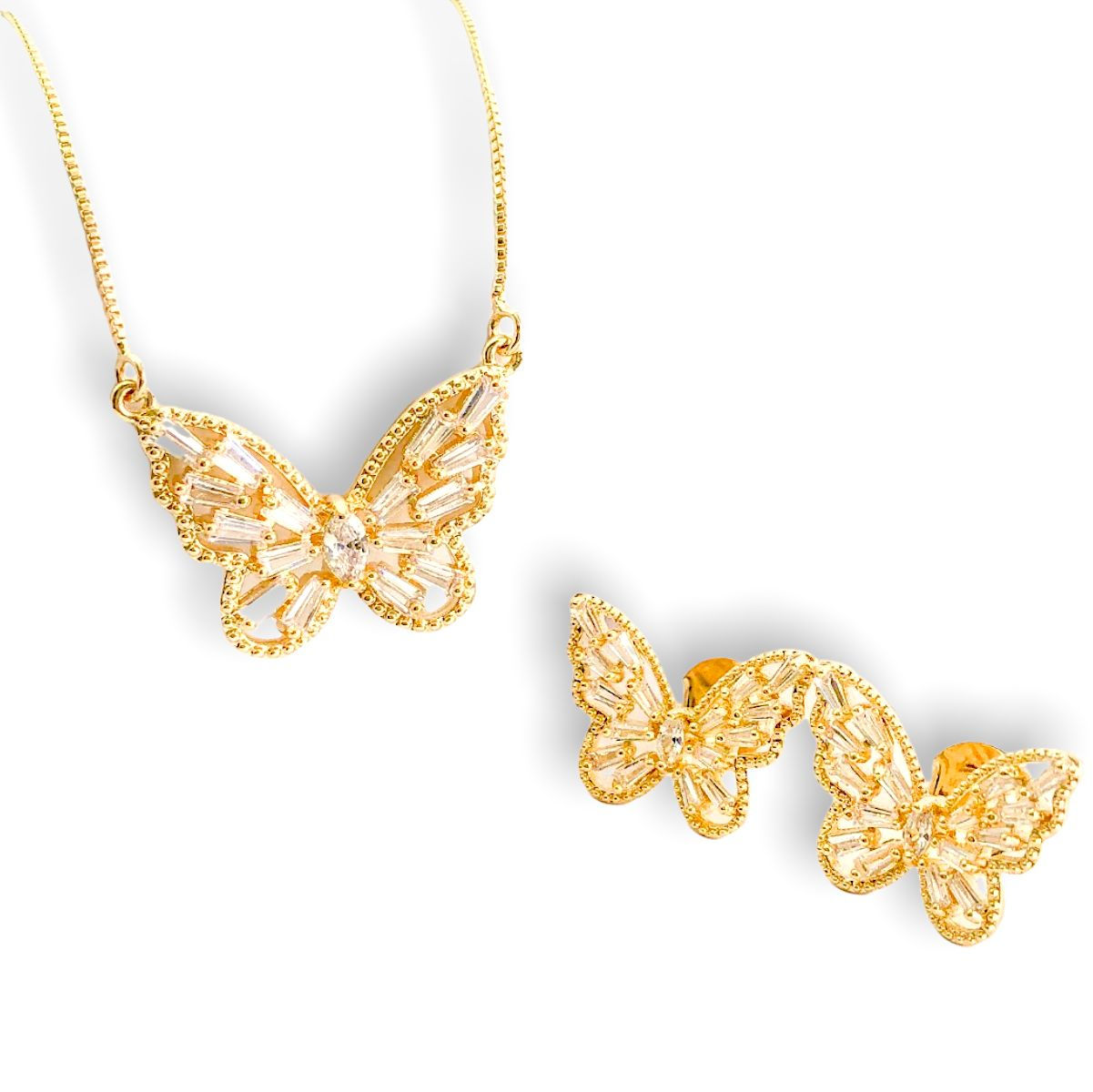 Conjunto brincos e colar borboleta cravejada zircônia luxo