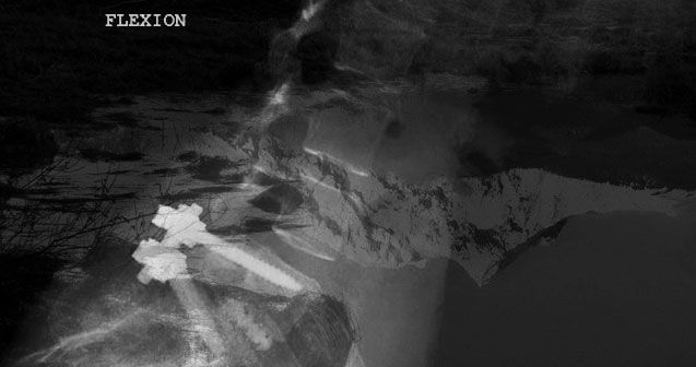 A black and white photograph of a tall, snow-capped mountain reflected in a fjord’s estuary is inverted so the mountain is upsidedown; an x-ray is digitally layered and integrated into the image, showing the artist’s arched spine and the screws, plates, spacers, and cages holding it together. The word FLEXION appears in all caps, floating in the sky.