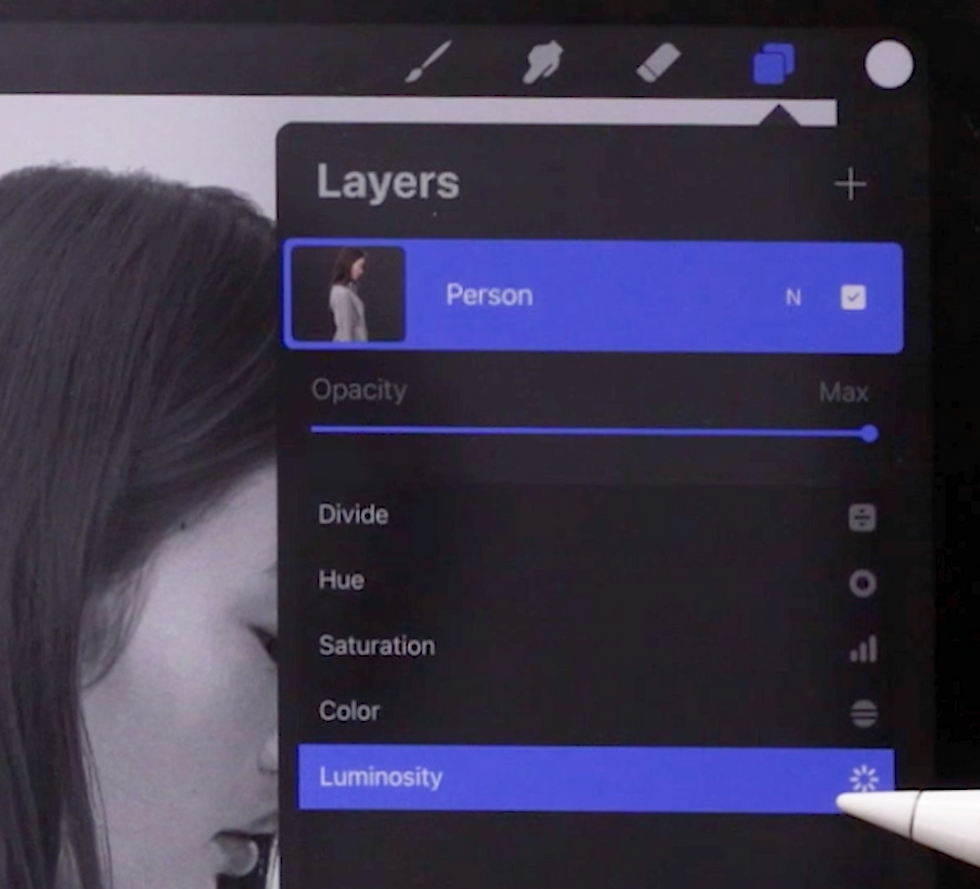 Close up of Procreate's blending mode menu, with the Luminosity option selected.