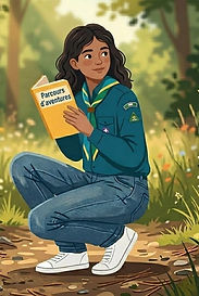 LOI SCOUTE MAÎTRISE DE SOI Fille accroupie lisant son parcours d'aventures.jpg