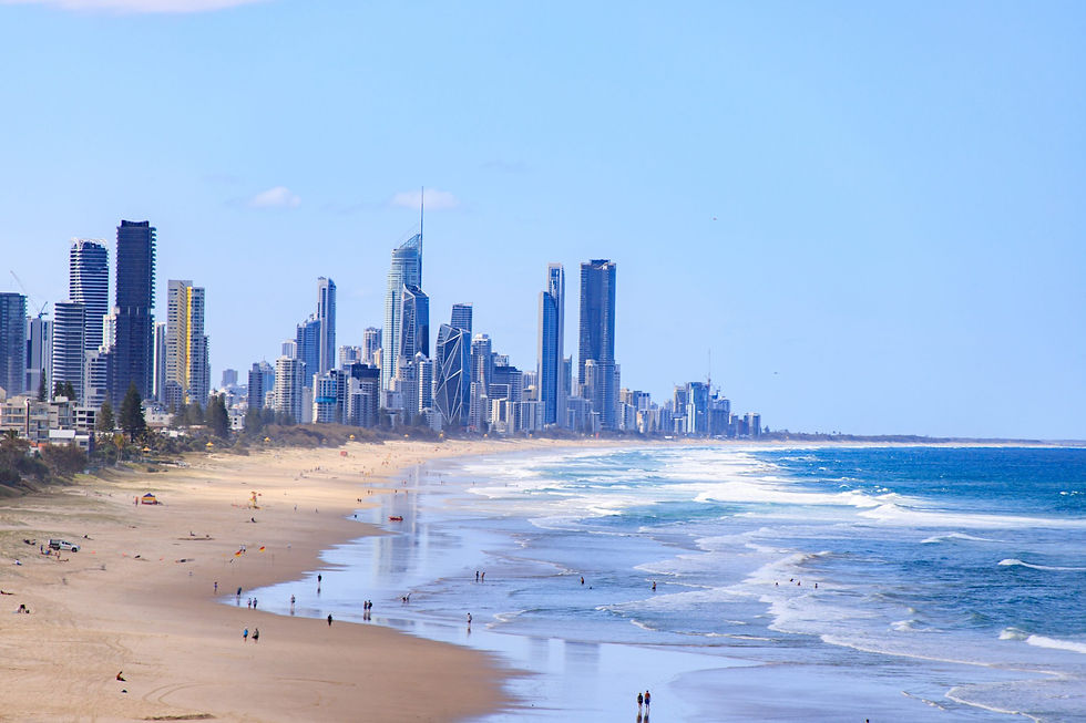 Gold Coast skyline beach view, bright blue sky and ocean, wide landscape