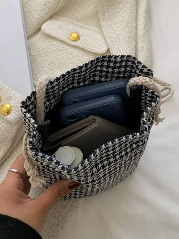 Thumbnail: Mini Houndstooth Pattern Drawstring Design Bucket Bag