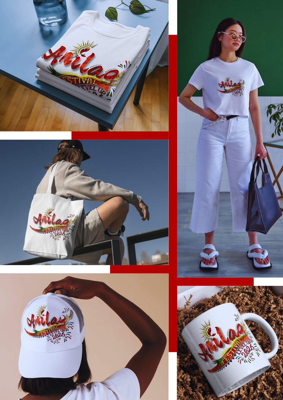 A series of conceptual mockups created to showcase the application of a proposed logo design for the Anilag Festival across various visual materials and promotional assets.