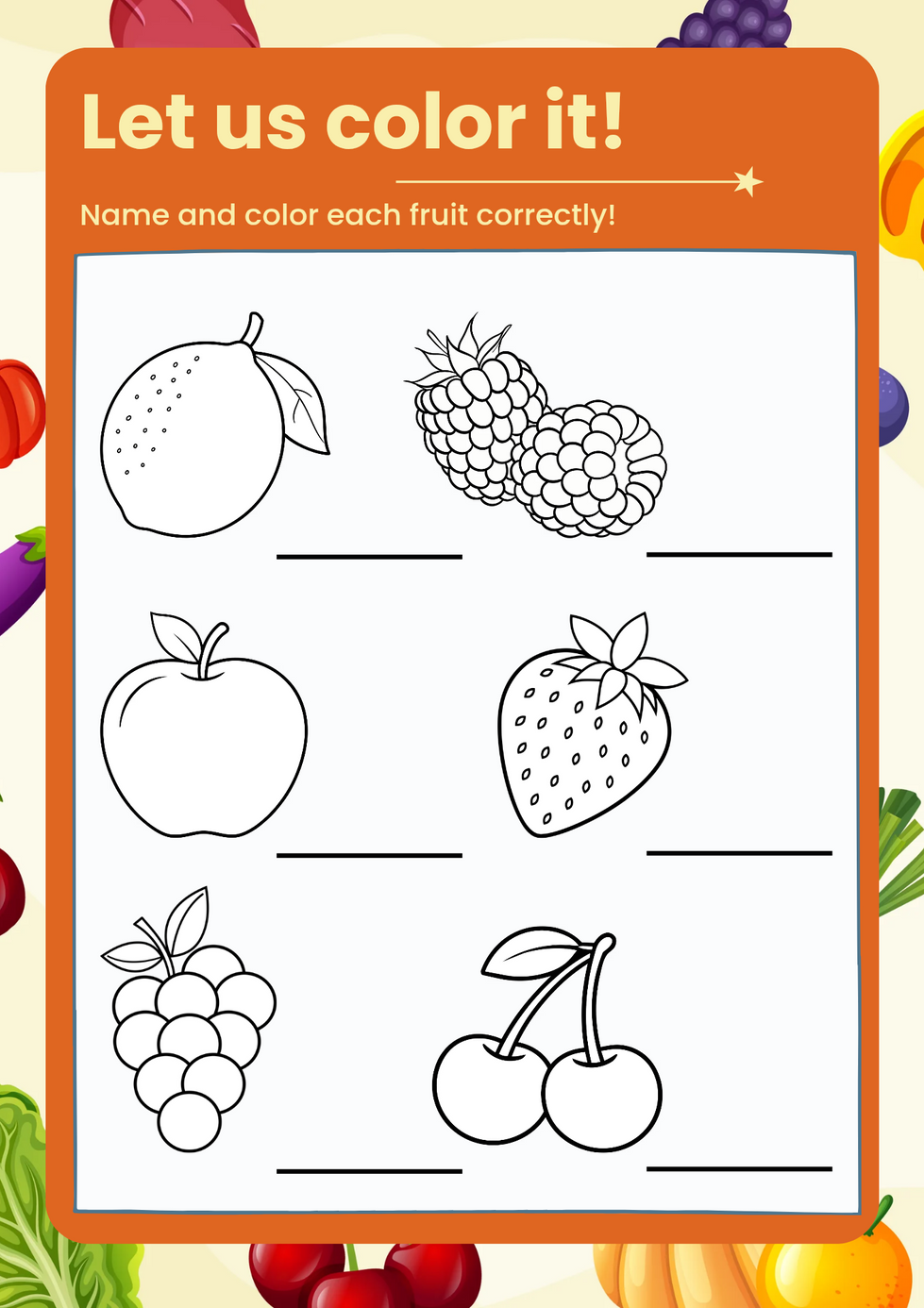 Preschool fruit and food worksheets with apples, bananas, grapes, and colorful learning activities including counting, matching, and coloring exercises.