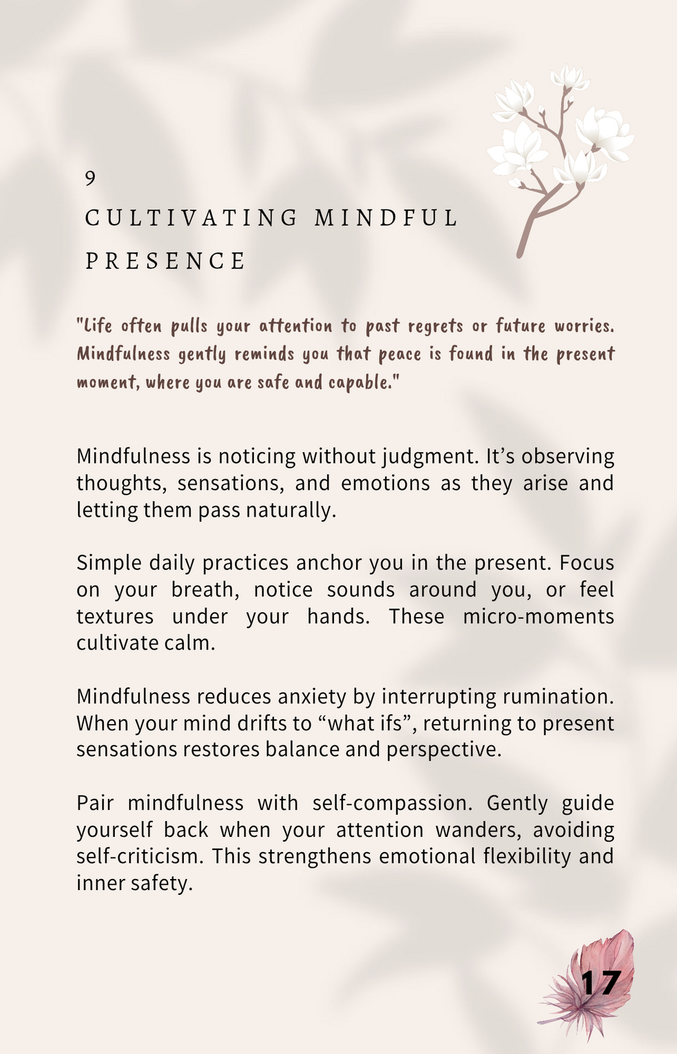 Ebook design titled “Soft Healing” featuring a calm, minimal layout with soft tones and structured typography to support themes of anxiety relief and emotional healing