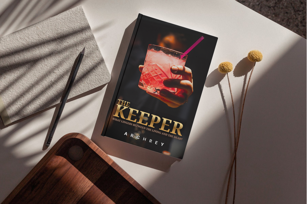 Book cover design with dark tones and cinematic composition for ArchRey's Book: The Keeper