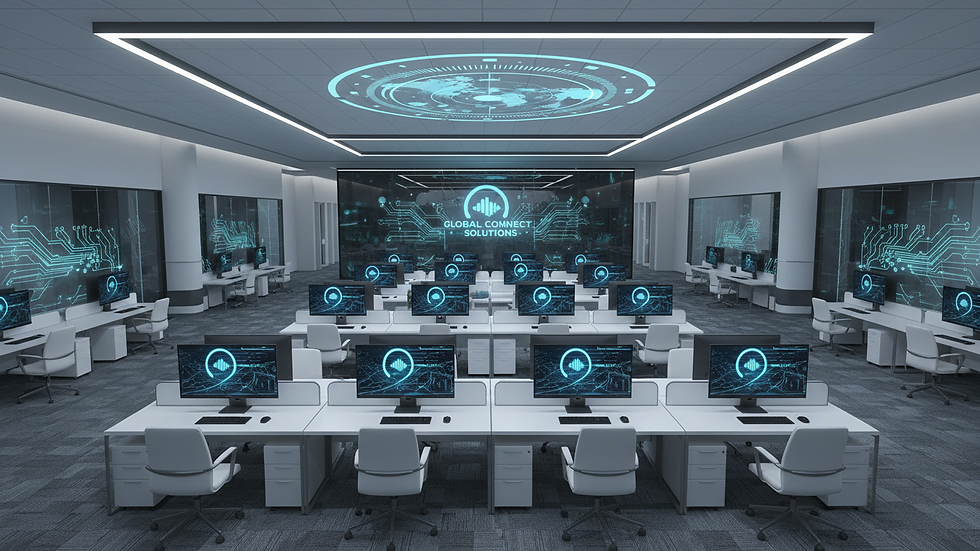 High angle view of a call center with agents working at desks