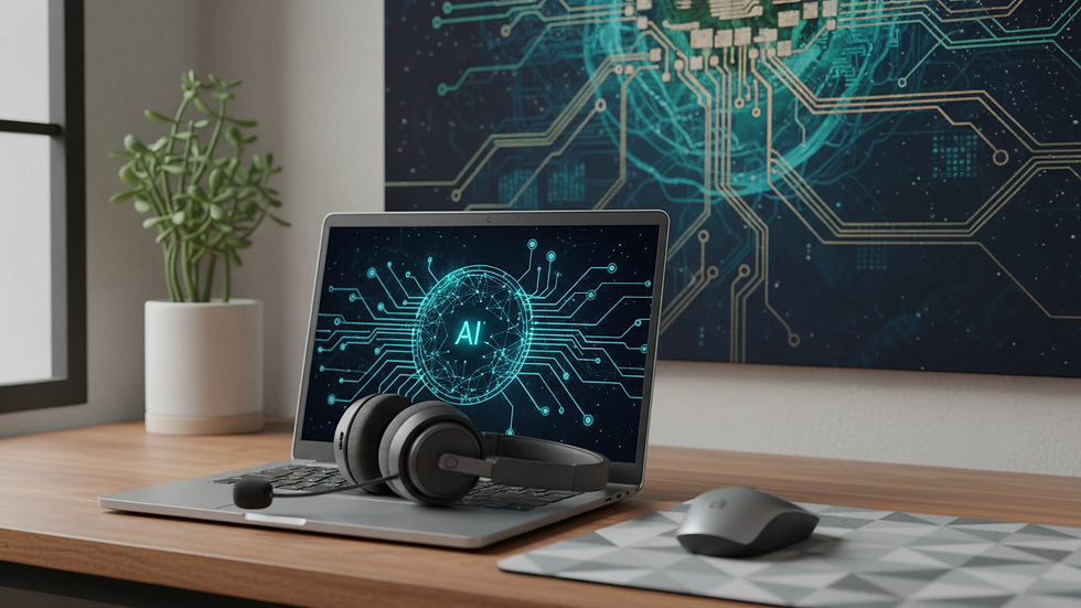 Close-up view of a headset and laptop on a desk in a home office