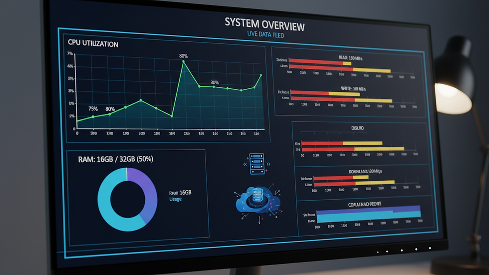 Close-up view of a computer screen showing performance metrics and graphs
