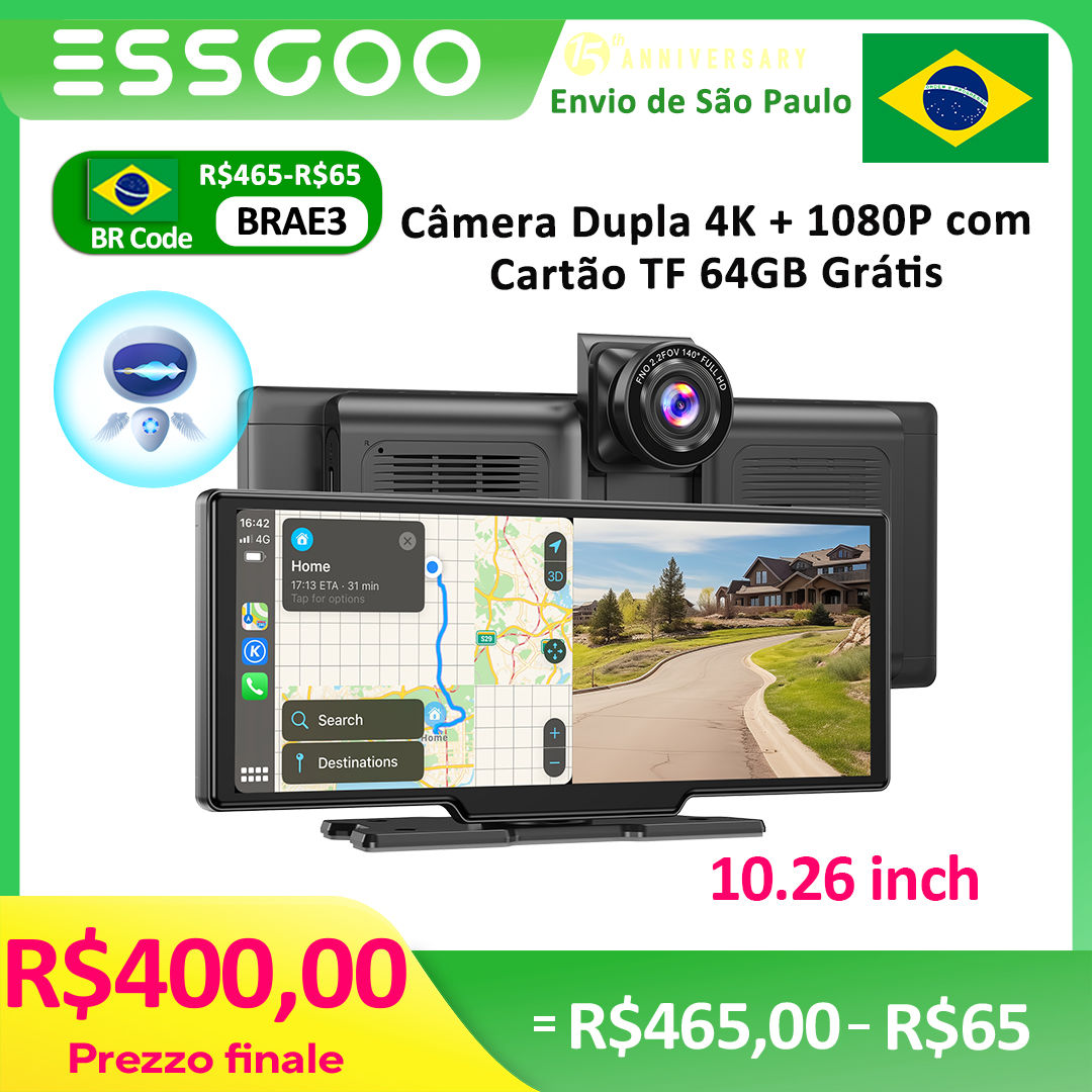 Câmera Veicular 4K 10.26” DVR Sem Fio CarPlay Android Auto Rádio Automotivo
