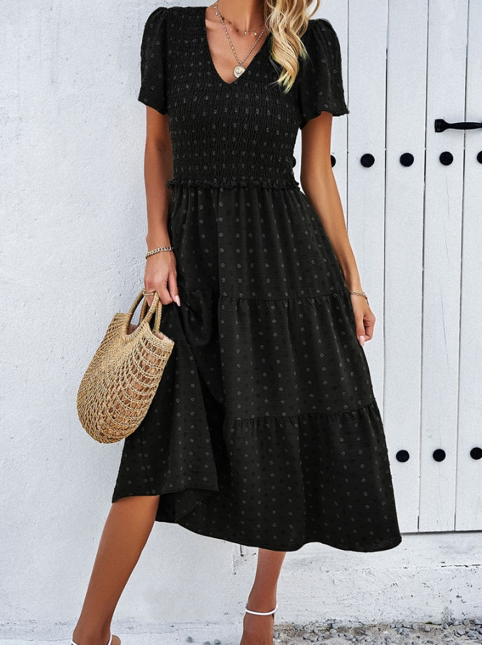 Thumbnail: Vestido Feminino Longo A-Line Decote V Manga Curta Elegante Casual
