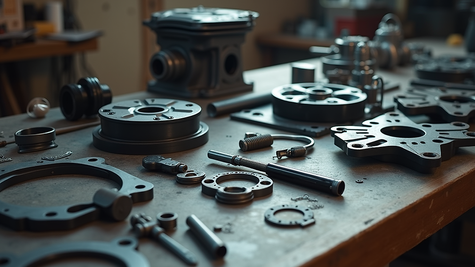 eye-level view of motorcycle parts laid out on a table