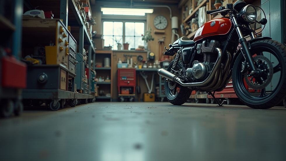 Eye-level view of a motorcycle workshop with various tools and parts