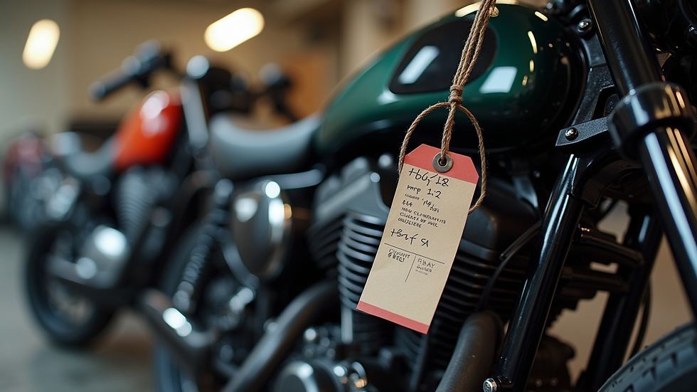 close-up view of motorcycle custom parts with price tags