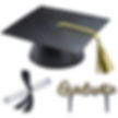 black cap with shiny gold tassel, white diploma with black ribbon, graduate cake pick