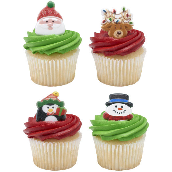 4 cupcakes with santa, reindeer, snowman, penguin on top