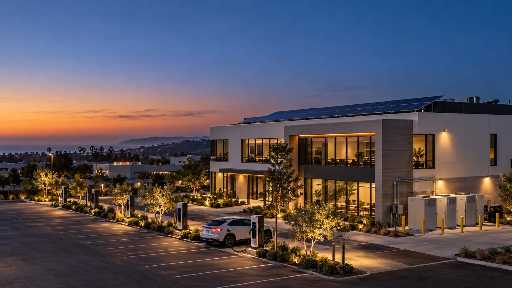 Modern two-story commercial building at dusk with rooftop solar, battery storage cabinets and EV chargers