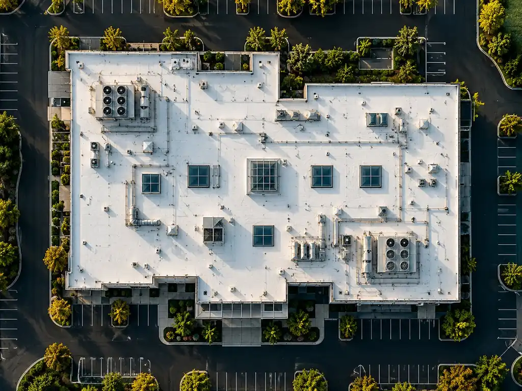 Aerial view of a commercial roof captured without anyone on the roof