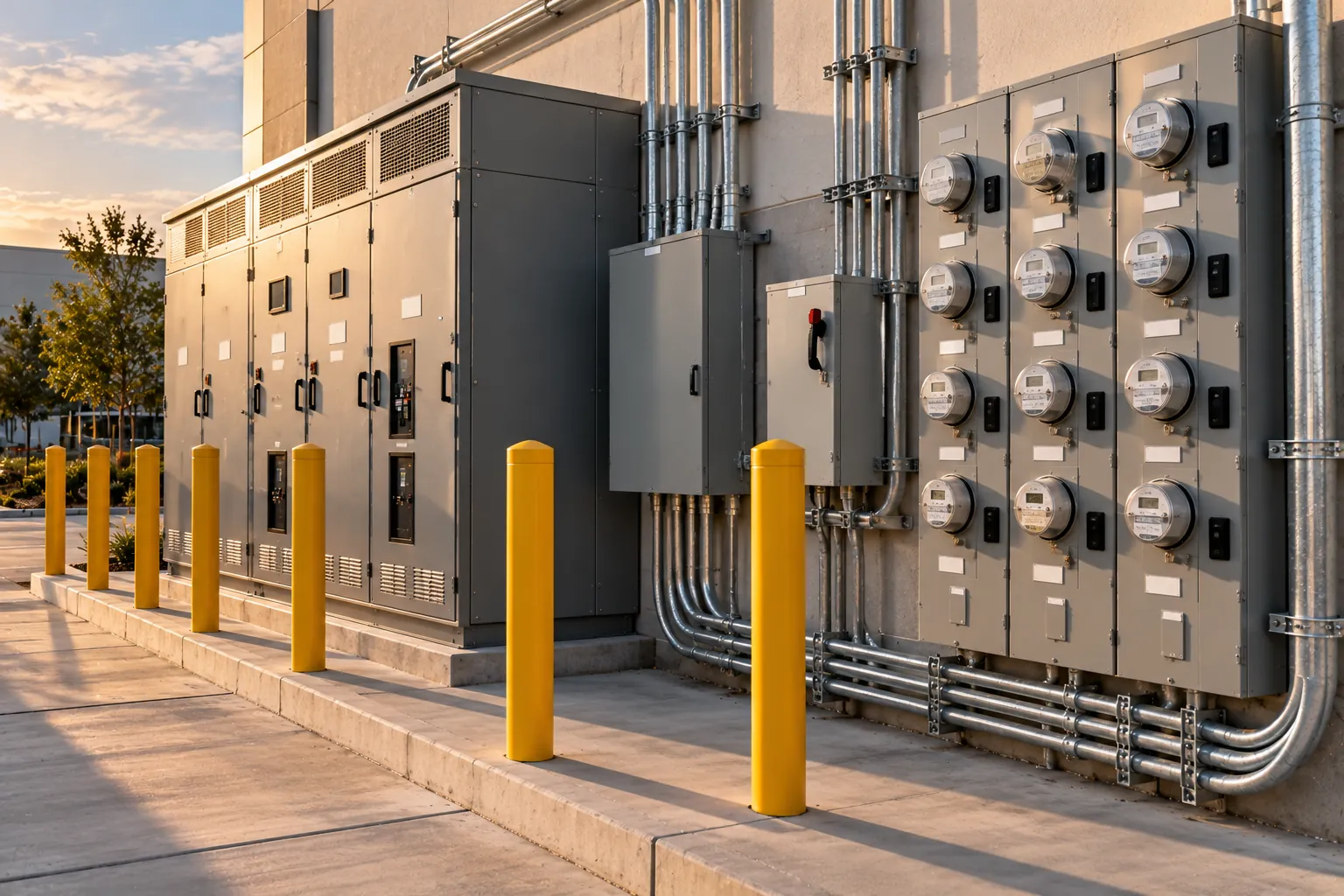 New commercial electrical switchgear and a utility meter bank on a building exterior