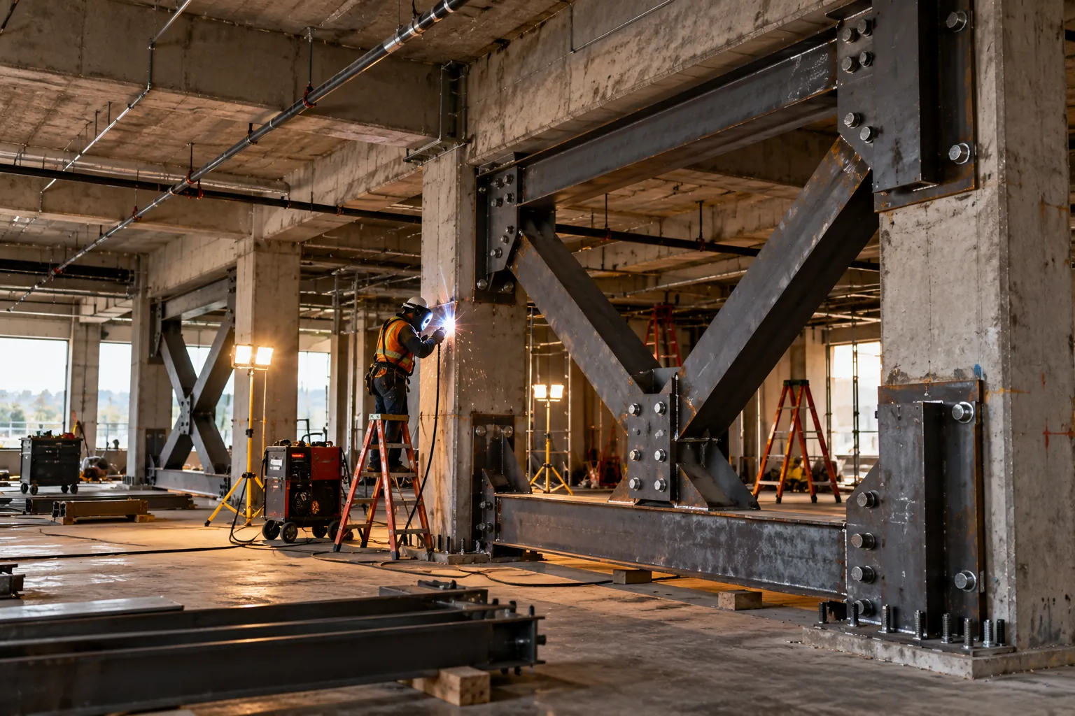 Steel brace frame being installed in a concrete building seismic retrofit