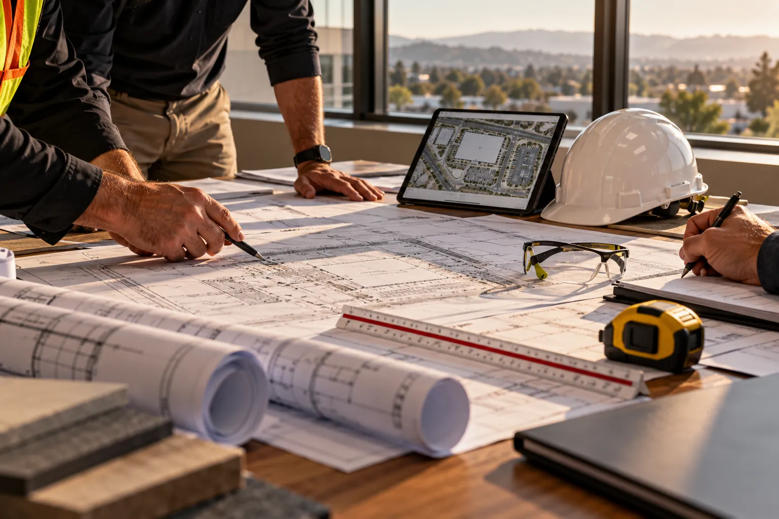 Construction drawings, a tablet site plan and a hard hat on a preconstruction table