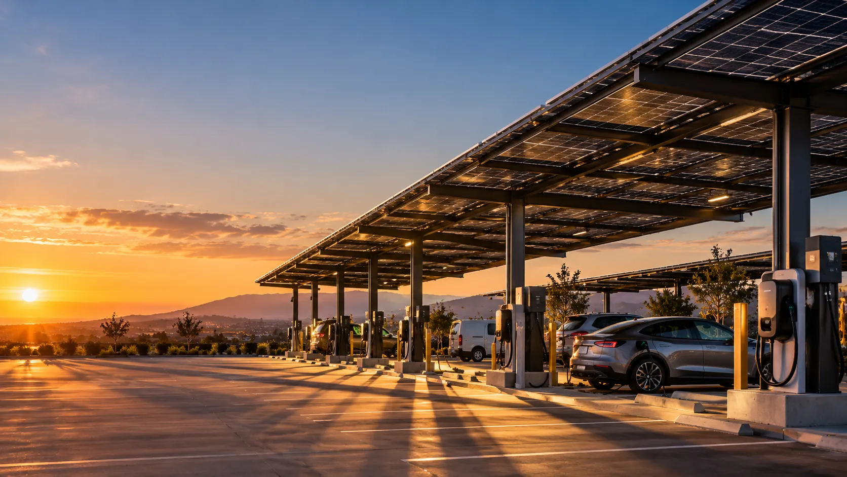 Solar carport canopies over a commercial parking lot with EV chargers at sunset