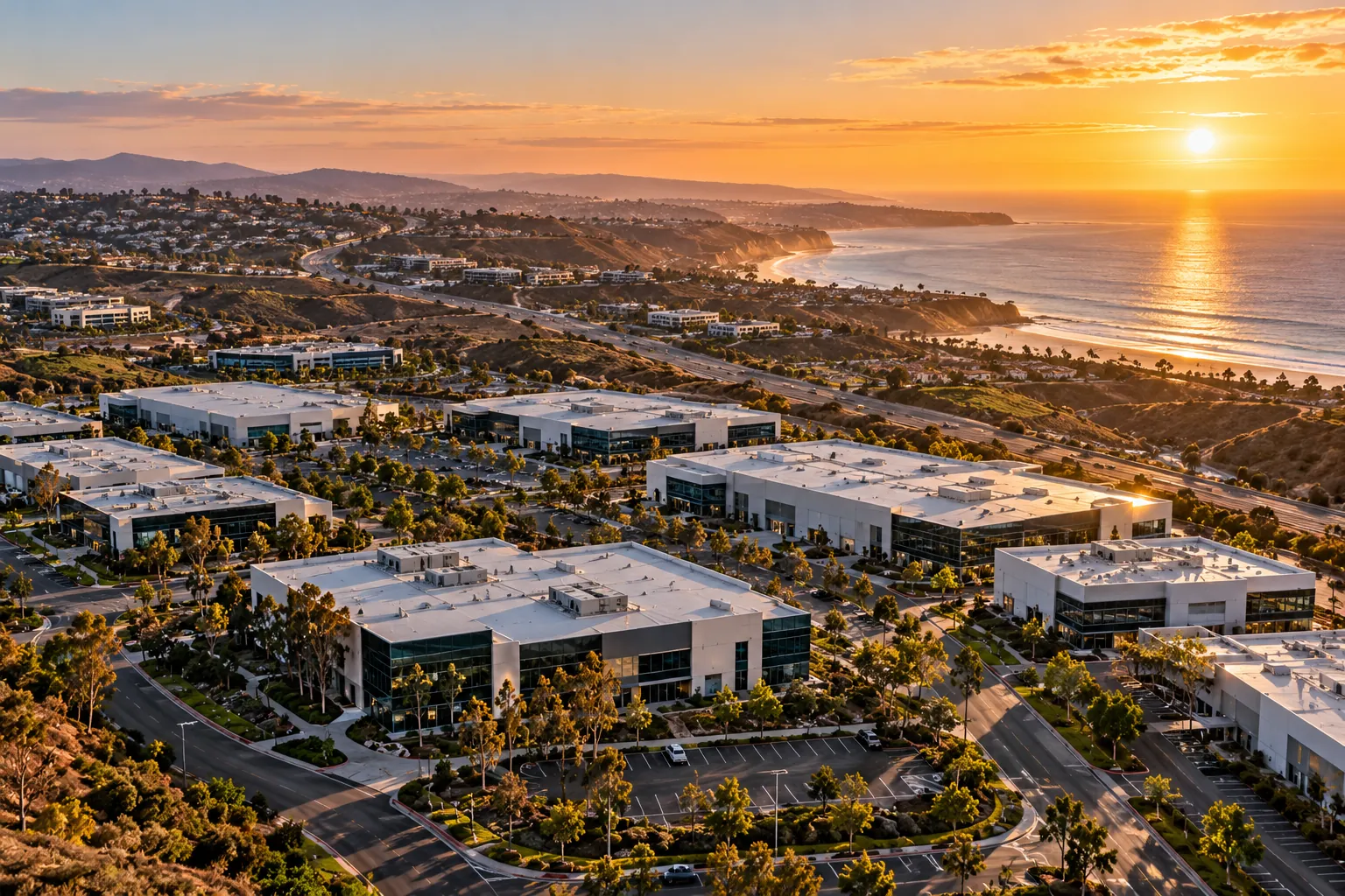 Coastal Southern California business park at sunset with the Pacific in the distance