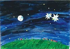 A drawing of a field at night with a starry sky,