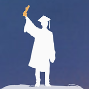 A graphic of a graduate wearing a cap and gown and holding a diploma