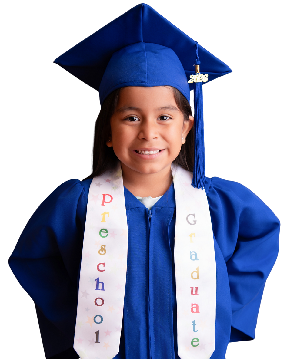 Smiling child in blue cap and gown with 2026 tassel and preschool graduate stole on black background