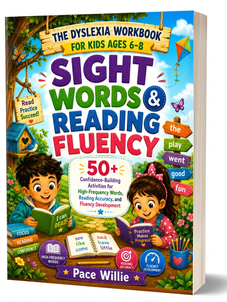 The Dyslexia Workbook for Kids: Sight Words & Reading Fluency is designed for children ages 6–8 who are building early reading skills and are ready to practice common words, smoother sentence reading, and short stories.