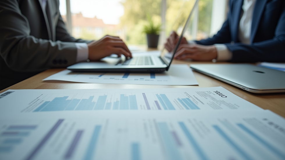 Close-up view of a business meeting with documents and laptop on the table