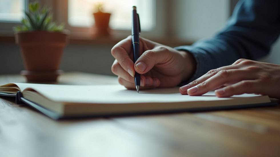 Close-up view of a person writing in a journal with a pen