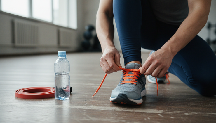 Close-up view of a person tying athletic shoes before a cautious workout.