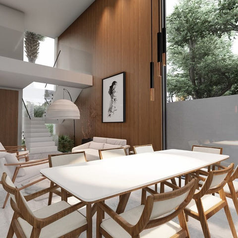 Casa MF - Sala de jantar integrada, com iluminação natural e pé direito alto. ecoração moderna e aconchegante integrando interior e exterior.jpg