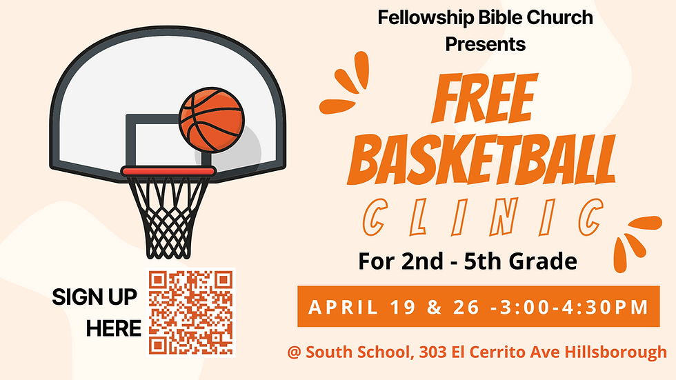 Basketball hoop with ball, text "Free Basketball Clinic" for 2nd-5th grade. April 19 & 26, 3-4:30 PM, South School. QR code, orange accents.