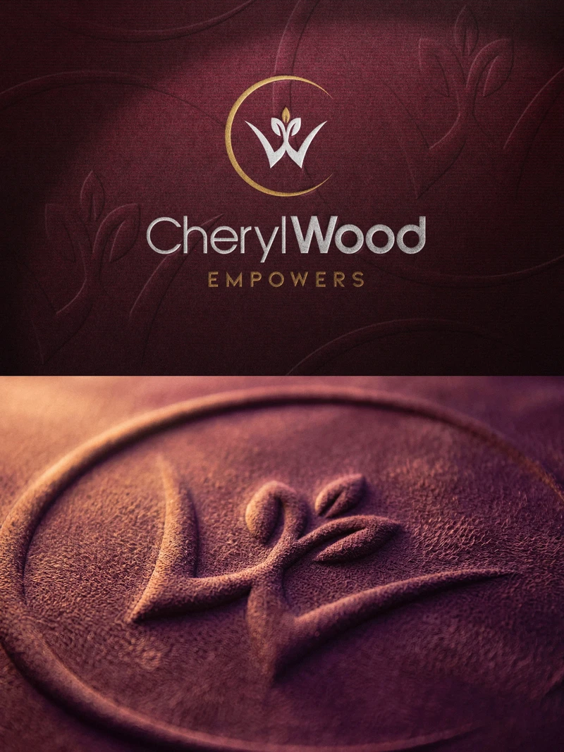Cheryl Wood speaker branding: logo presentation and embossed material detail.