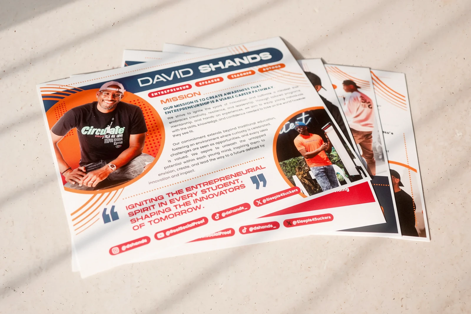 David Shands electronic press kit in a fanned page layout on a light textured background.
