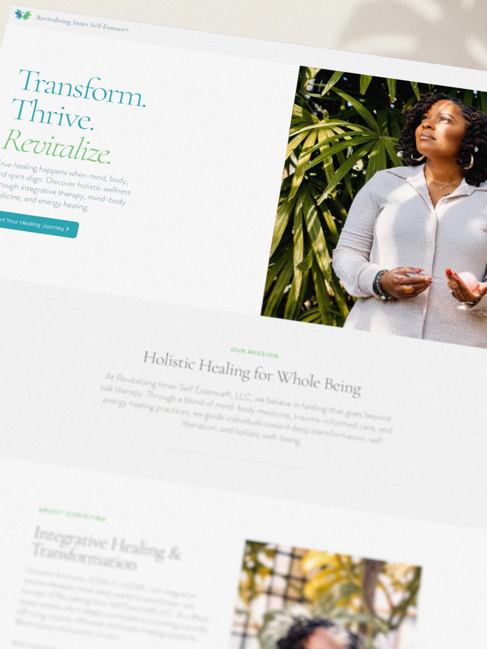 Christina Simmons website homepage detail with her portrait and holistic healing introduction.