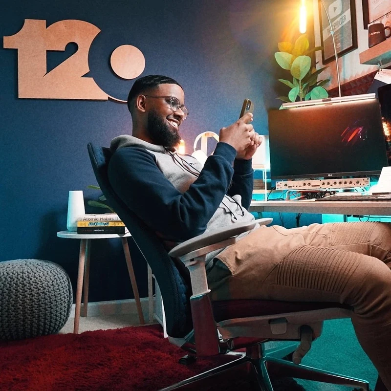 Marshall taking a break at his studio desk.