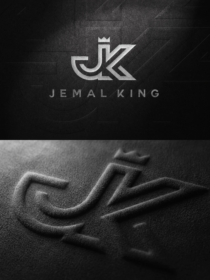 Jemal King speaker branding: logo presentation and embossed material detail.